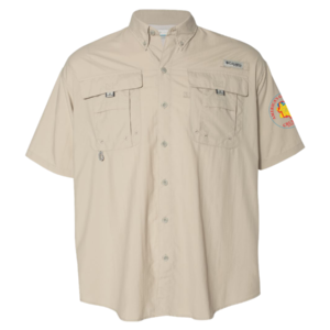 Columbia men's short sleeve fishing shirt in Fossil with AGLCA logo on the left sleeve