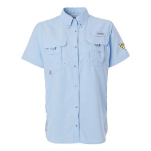 Columbia women's short sleeve fishing shirt in Sail with burgees logo on the left sleeve