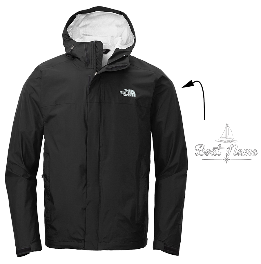 Men's North Face rain jacket in Black with sample boat name logo