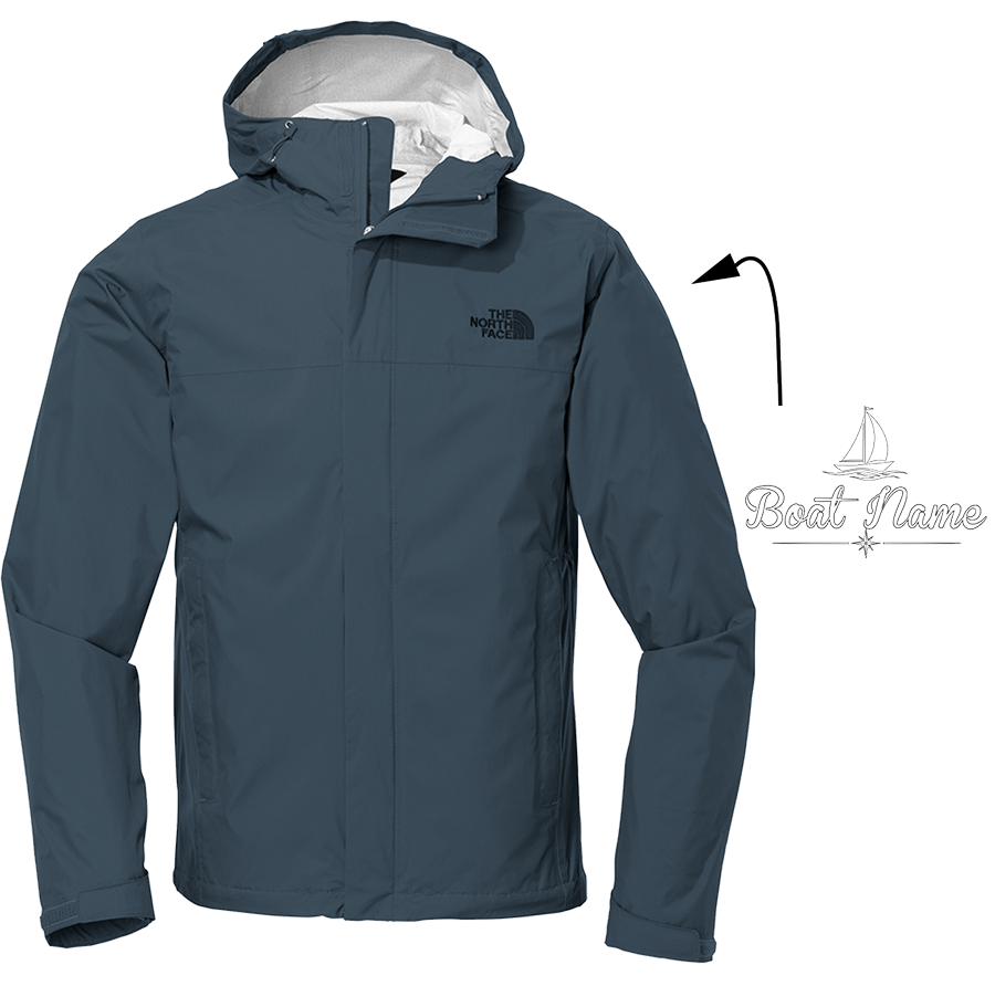 Men's North Face rain jacket in Shady Blue with sample boat name logo