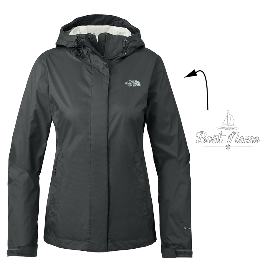 Women's North Face rain jacket in Black with sample boat name logo