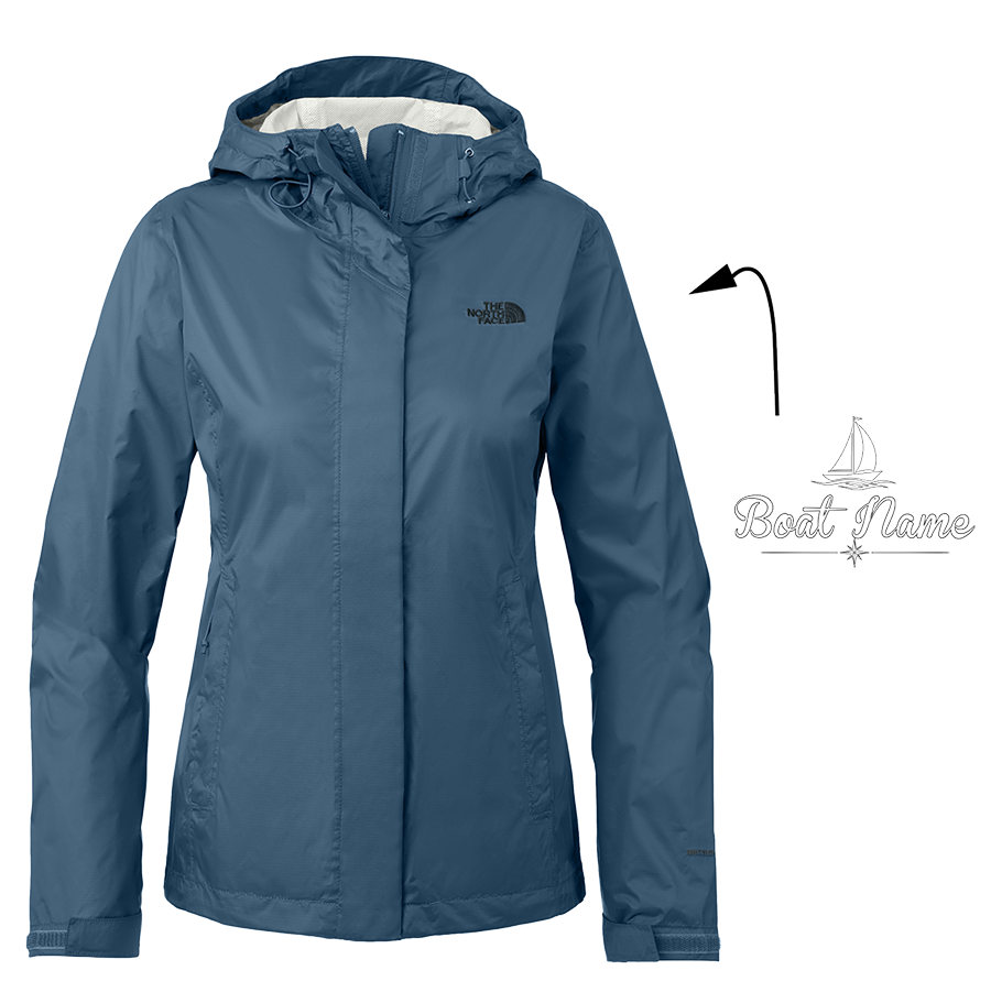 Women's North Face rain jacket in Shady Blue with sample boat name logo